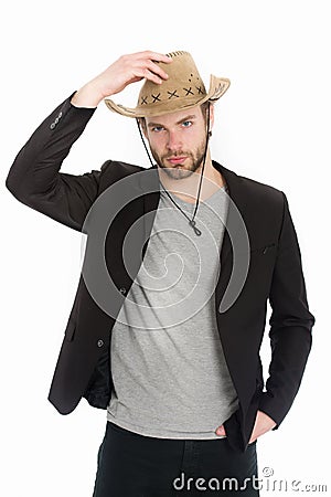 Handsome bearded cowboy guy, businessman or police man Stock Photo