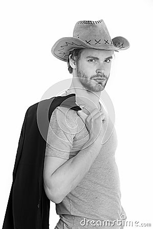 Handsome bearded cowboy guy, businessman or police man Stock Photo