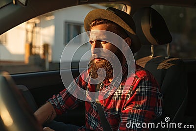 Hipster driving modern car on street Stock Photo