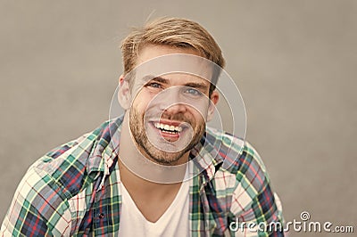 Handsome bearded guy. Young and full of ideas. Carefree student. Man regular student appearance relaxing urban space Stock Photo