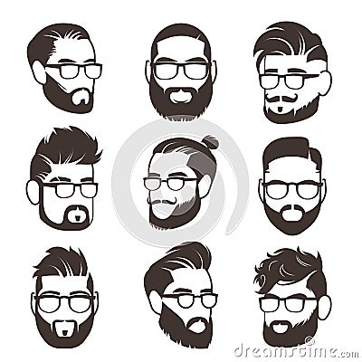 Handsome bearded hipster man faces with mustache and modern male hairstyle vector avatars isolated Vector Illustration