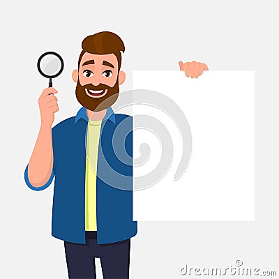Handsome bearded young man showing/holding magnifying glass and blank/empty poster, paper or sheet in hand. Search, find. Vector Illustration