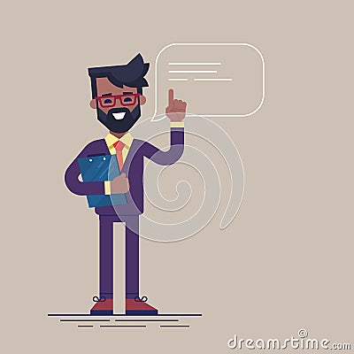 Handsome black businessman with beard and glasses raising up his finger to give advice or recommendation. Vector. Cartoon Illustration