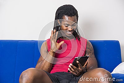 Handsome black man doing videocall Stock Photo