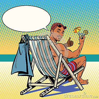 Handsome black man resting on the beach Vector Illustration