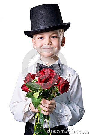 Handsome boy in classic suit with flowers isolated Stock Photo