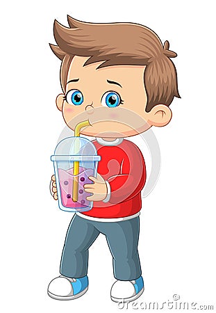 The handsome boy is thirsty and he drinks big strawberry boba drink Vector Illustration