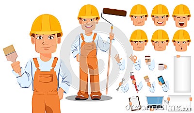 Handsome builder in uniform. Professional construction worker. Vector Illustration