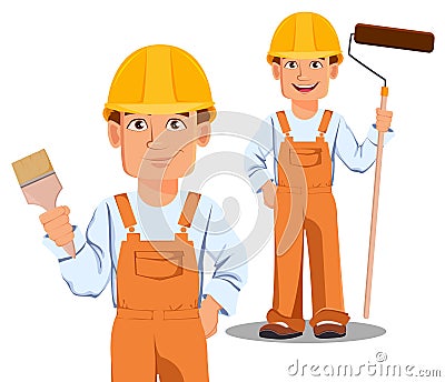 Handsome builder in uniform, cartoon character. Vector Illustration