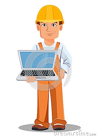 Handsome builder in uniform. Professional construction worker. Vector Illustration