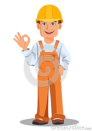 Handsome builder in uniform. Professional construction worker. Vector Illustration