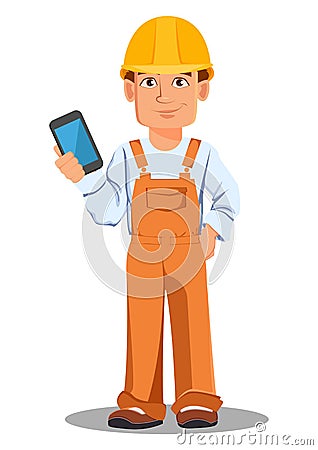 Handsome builder in uniform. Professional construction worker. Vector Illustration