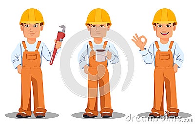 Handsome builder in uniform. Professional construction worker. Vector Illustration