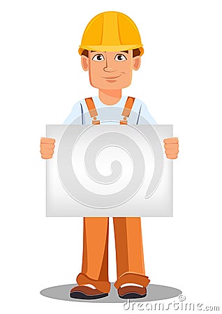 Handsome builder in uniform. Professional construction worker. Vector Illustration