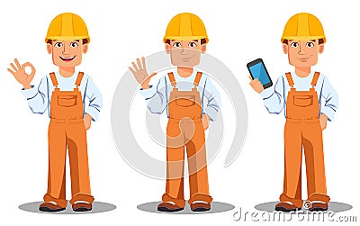 Handsome builder in uniform. Professional construction worker. Vector Illustration