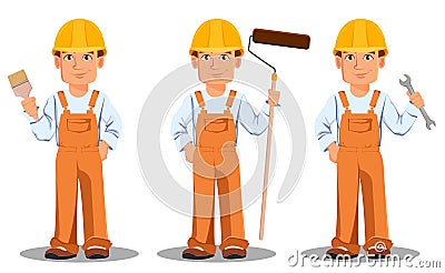 Handsome builder in uniform. Professional construction worker. Vector Illustration