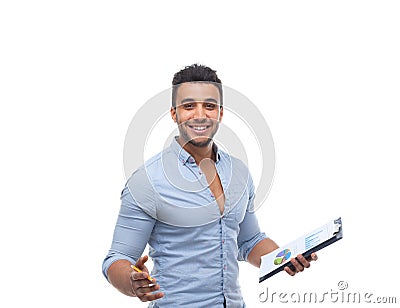 Handsome business man happy smile, businessman holding folder pencil document Stock Photo