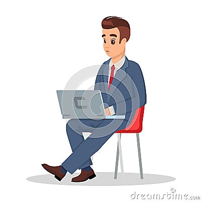 Handsome businessman in formal costume sitting on chair with laptop. Vector Illustration