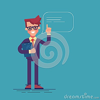 Handsome businessman with glasses raising up his finger to give advice or recommendation. Flat illustration. Cartoon Illustration