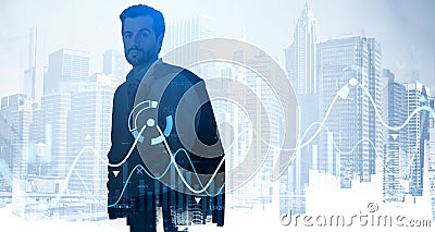 Handsome businessman holding his jacket on shoulder and looking straight to camera, double exposure, New York city view. The Stock Photo