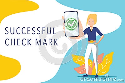 Handsome businesswoman showing smartphone display with successful check mark close up and winking. Friendly female Vector Illustration