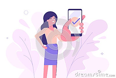 Handsome businesswoman showing smartphone display with successful check mark close up and winking. Friendly female character. Vector Illustration