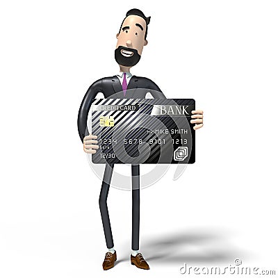 Handsome cartoon businessman holding credit card, white background - 3D illustration Cartoon Illustration