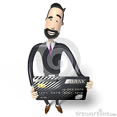 Handsome cartoon businessman holding credit card, white background - 3D illustration Cartoon Illustration