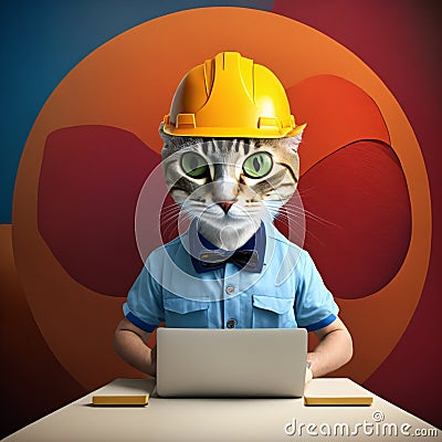 Handsome cat engineer construction worker sitting at the desk and using notebook for work. Generative AI Stock Photo