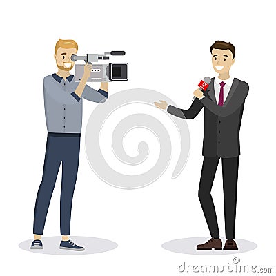 Handsome caucasian male reporter with microphone and cameraman isolated on white background Vector Illustration