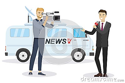 Handsome caucasian male reporter with microphone and cameraman,news van on background Vector Illustration