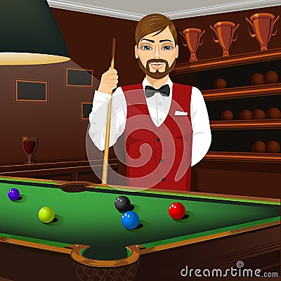 Handsome caucasian man holding cue stick Vector Illustration