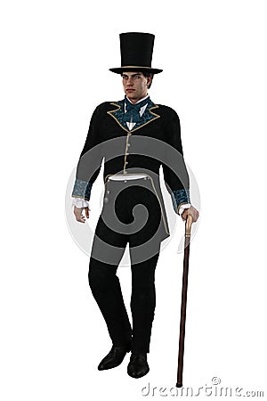 Handsome caucasian man standing in regency style costume with top hat and cane. 3D illustration isolated on white with clipping Stock Photo