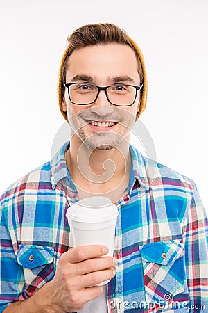 Handsome cheerful man with glasses cocktail and hat Stock Photo