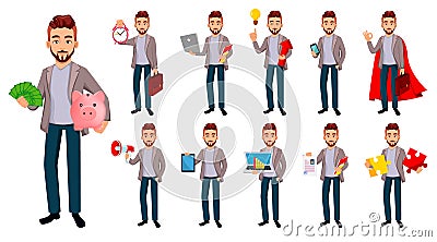 Handsome confident business man, set Vector Illustration