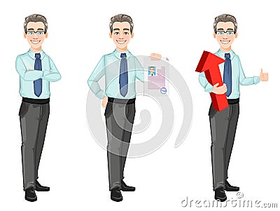 Handsome confident business man, set of three poses Vector Illustration