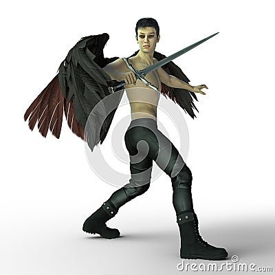 Handsome Dark Angel with black wings holding a sword in a fight action pose Cartoon Illustration