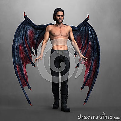 Handsome dark demon or angel with dark leather wings and hands outstretched in magical pose Cartoon Illustration