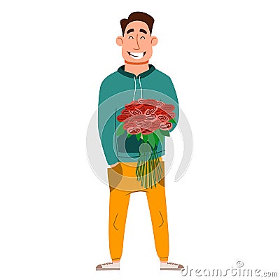 A handsome dark-haired man with flowers in his hand. Vector illustration Cartoon Illustration