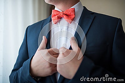 Handsome elegant young fashion man in classical suit costume, shirt and red bow tie Stock Photo