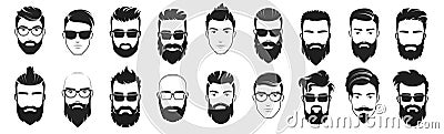 Handsome face man beard man emblems icons. Set of vector bearded hipster men faces. Haircuts, beards, mustaches set Vector Illustration