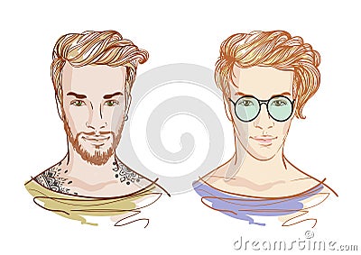 Handsome fashion men. Hipsters. Vector doodle illustration isolated on white. Vector Illustration