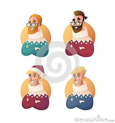 Handsome flat design set template with vector hipster man with a beard similar to Santa Claus in winter clothes in cartoon style. Vector Illustration