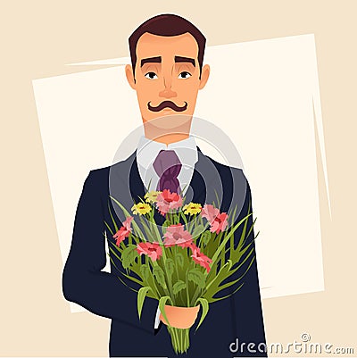 Handsome gentleman in suit with mustache holding bouquet of wildflowers, going on a date with his beloved. Vector Illustration