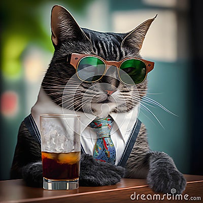 Handsome macho gray-bearded cat dressed in a shirt and tie sits at the bar and sips whiskey Cartoon Illustration