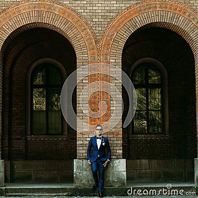 Handsome groom stands next to the arch Stock Photo