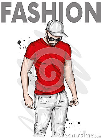 A handsome guy in cap and a T-shirt. A sporty man in summer clothes. Vector illustration for a postcard or a poster. Vector Illustration