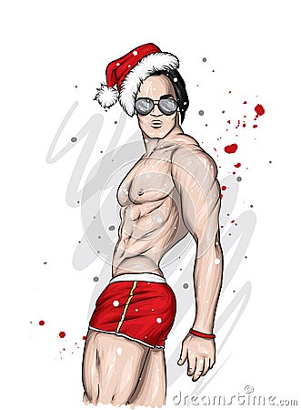 Handsome guy dressed as Santa Claus. Muscular man in shorts and a hat. New Year and Christmas, fashion and style, accessories. Vector Illustration