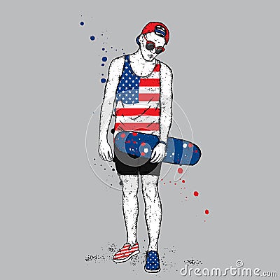 A handsome guy with glasses, a cap, shorts and a T-shirt. The skater. A boy with a skateboard. Teenager. Hipster on the city stree Vector Illustration