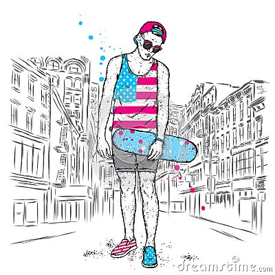A handsome guy with glasses, a cap, shorts and a T-shirt. The skater. A boy with a skateboard. Teenager. Hipster on the city stree Vector Illustration